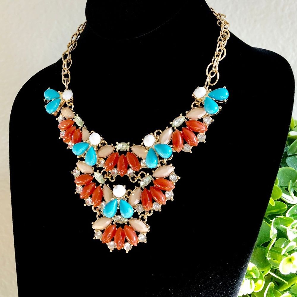Lee By Lee Angel Nordstrom Raffia Festive Statement NEcklace NWT 125 Red turq